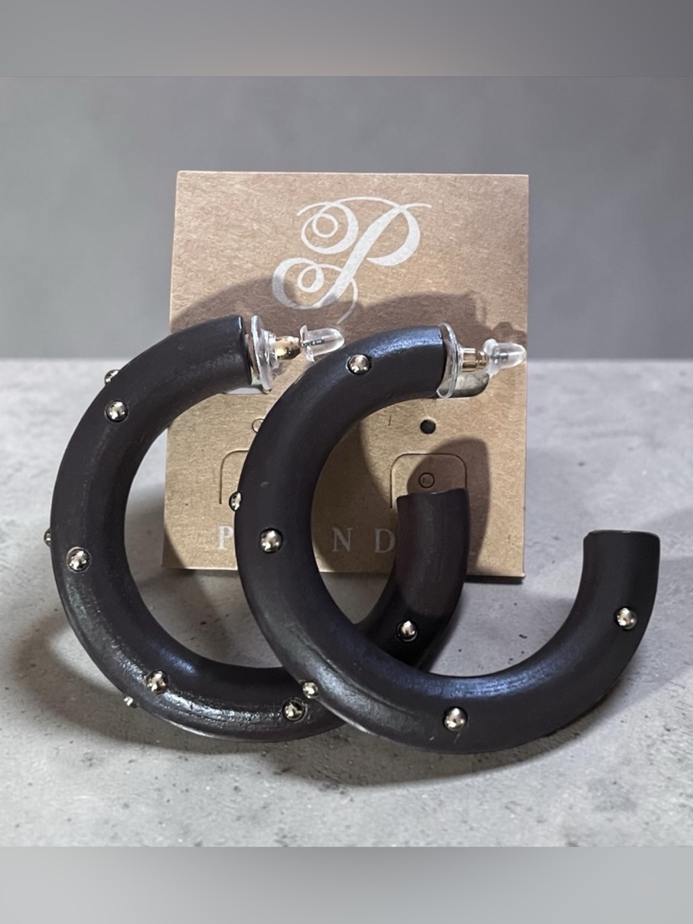 Dark Brown Wooden Studded Hoop Earrings
